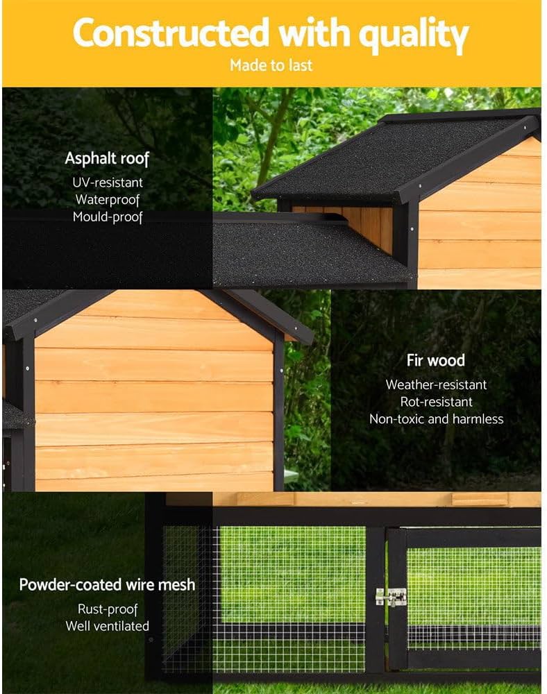 Chicken Coop Large Rabbit Hutch, Coops Wooden Pet House Run Cage Walk in Door Guinea Pig Ferret Feeder Bunny Hen Chook, Outdoor Metal Roof Tray Hatch Nesting Box Farm DIY