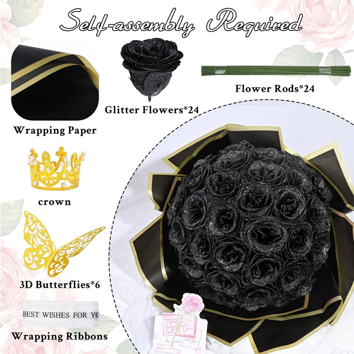 DIY Glitter Rose Bouquet Kit – 24 Artificial Roses