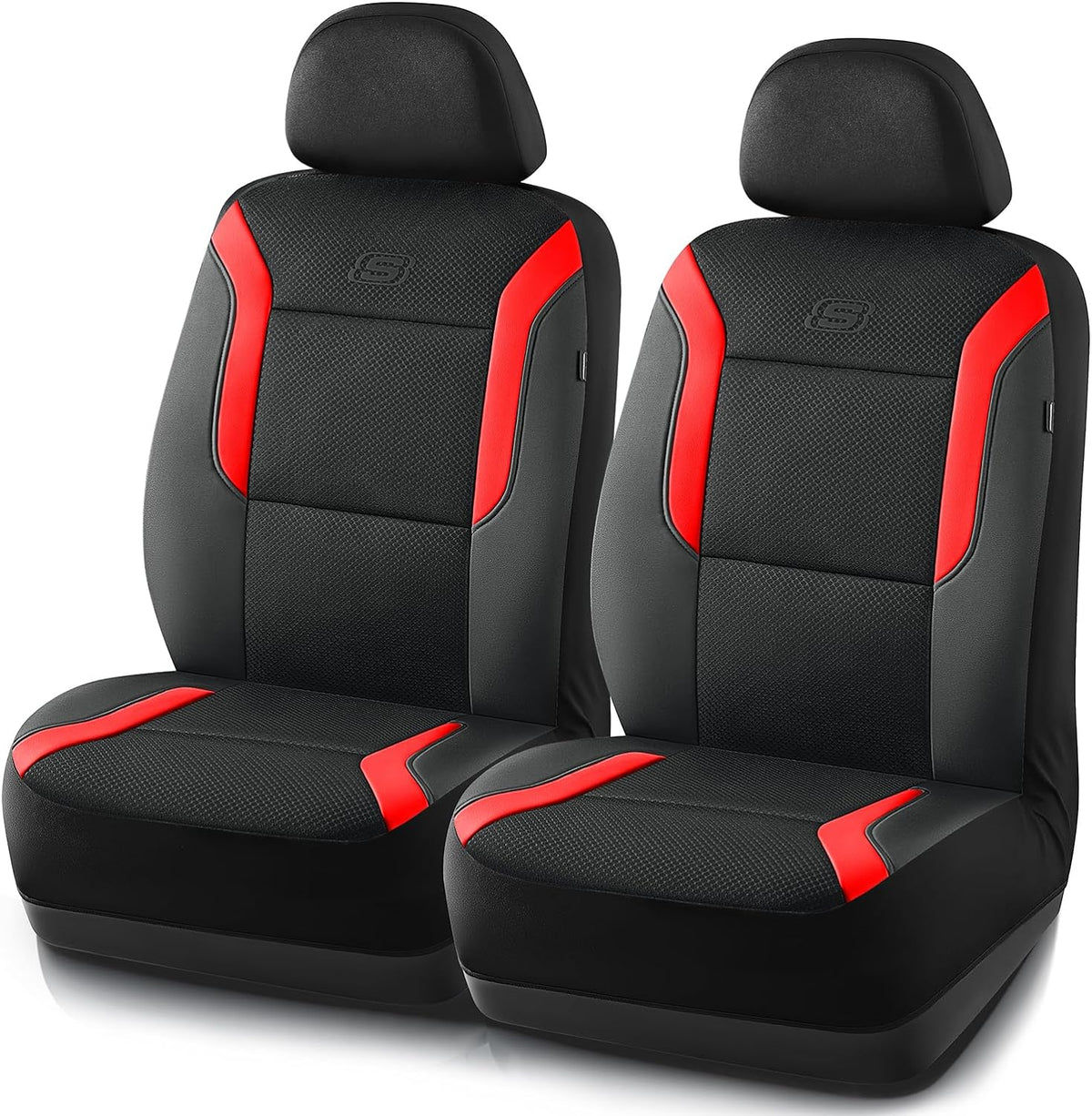 Memory Foam Car Seat Covers, Leather & Mesh Thick Protection, Black Front Cover, Airbag Compatible, Automotive Comfort & Protection for Most Cars, Trucks, SUVs, Black & Memory Foam (SK01055)