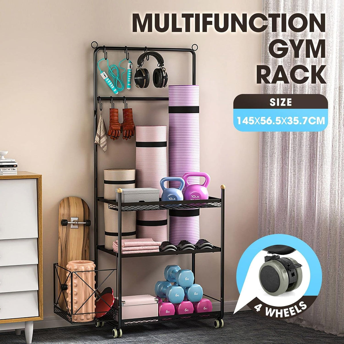 Rolling Home-Gym Storage Rack with Hooks