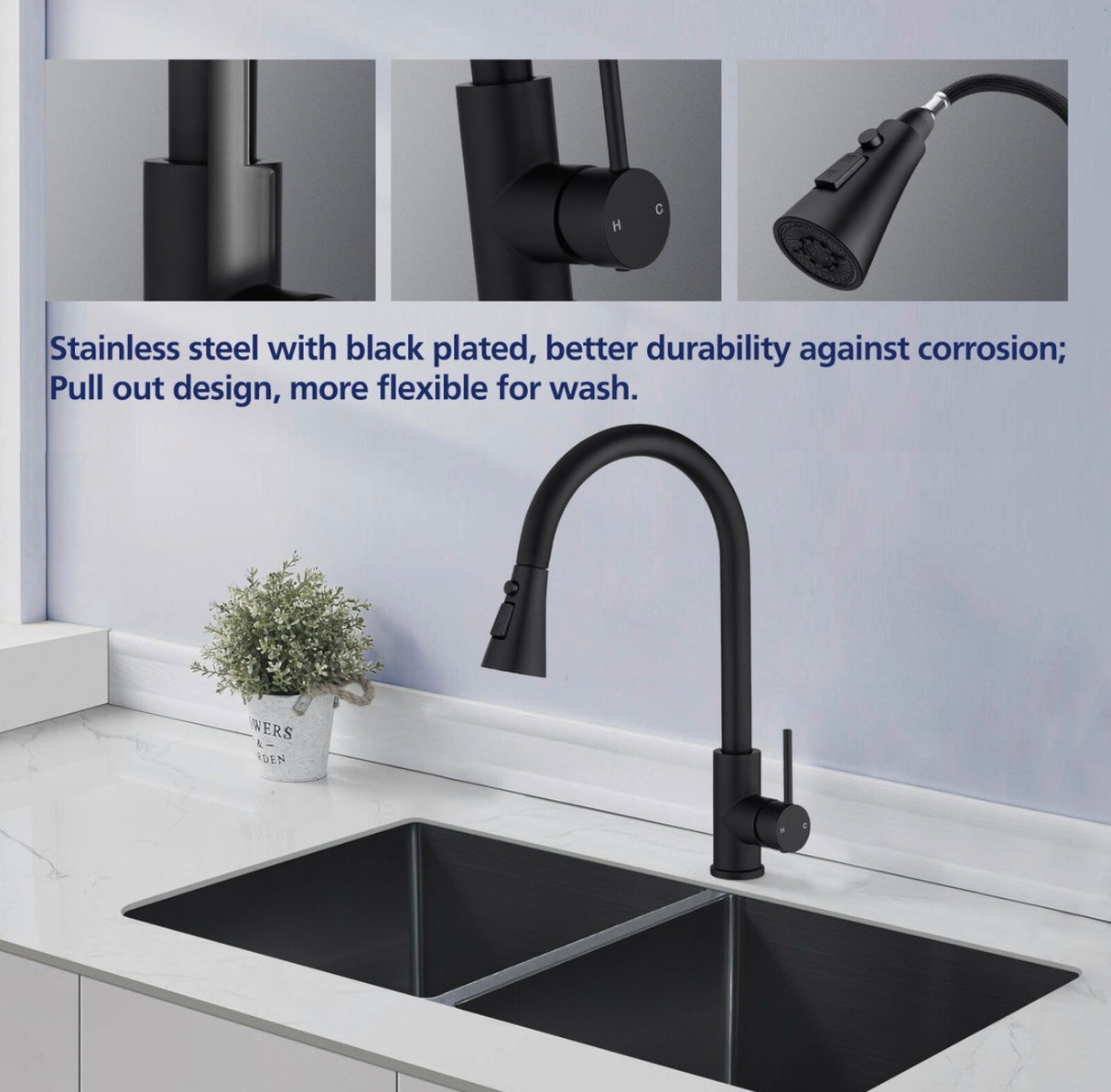 ACA Black 3 Modes Pull Out Kitchen Mixer Tap Laundry Sink Faucet Swivel