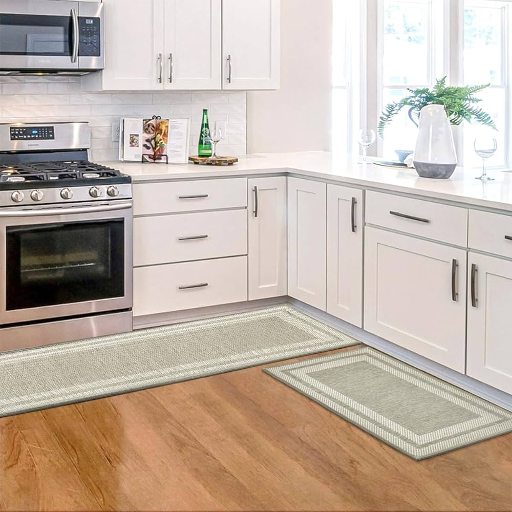 2-Piece Beige-Grey Absorbent Kitchen Rug Set – 43 × 73 & 43 × 118 cm