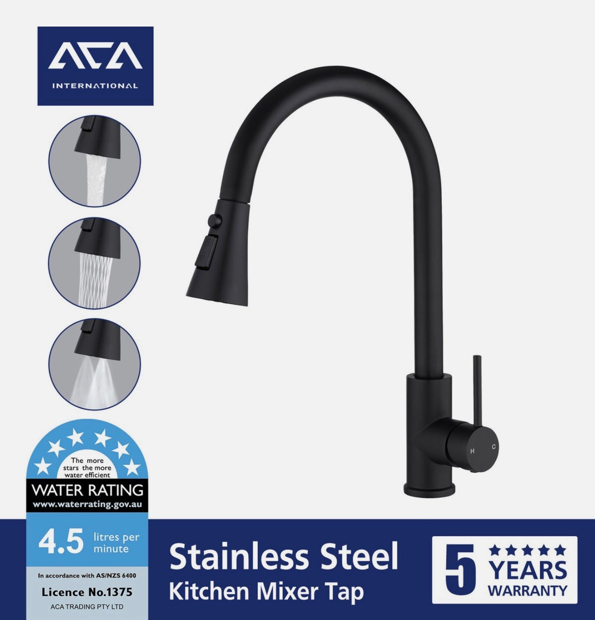 ACA Black 3 Modes Pull Out Kitchen Mixer Tap Laundry Sink Faucet Swivel