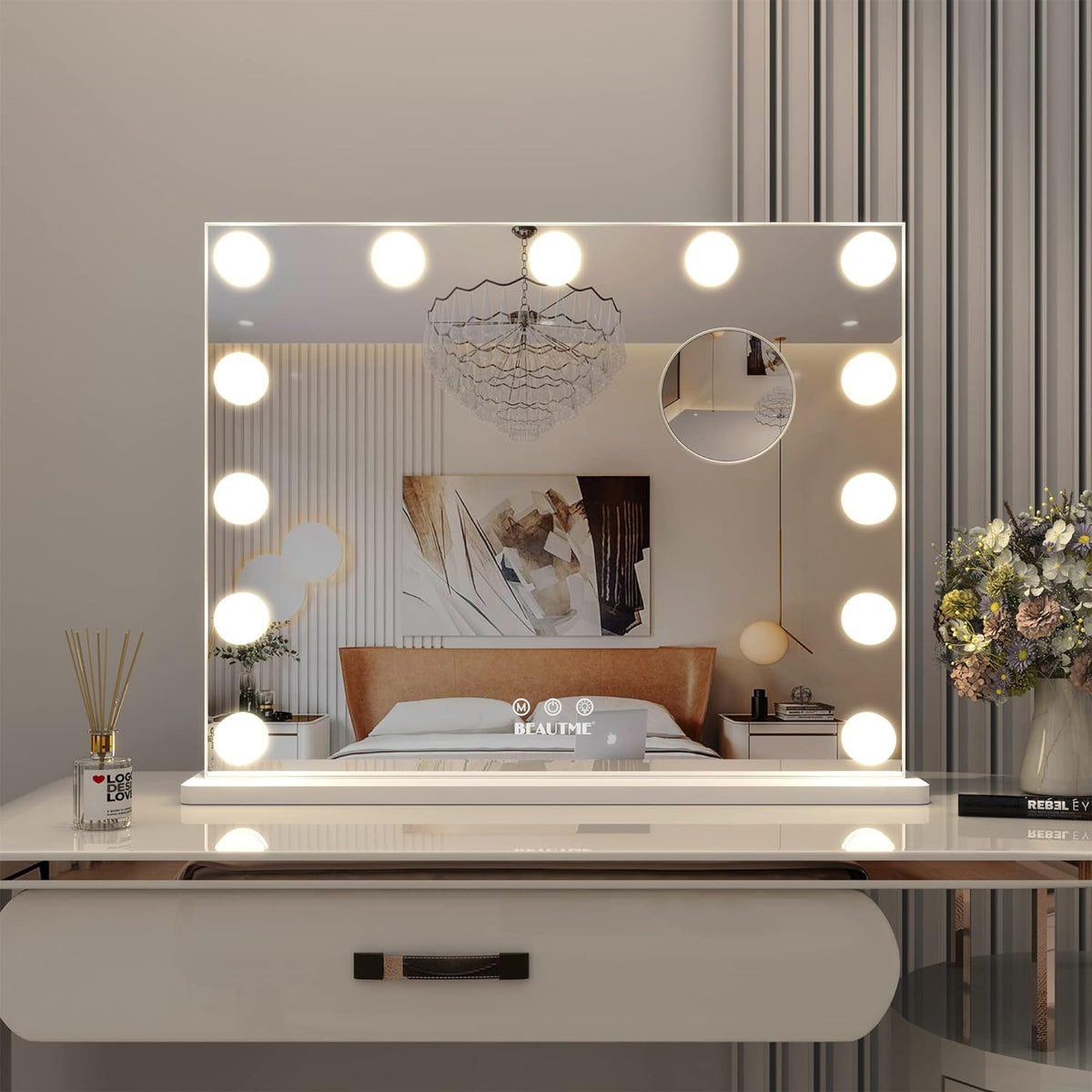 Vanity Mirror Hollywood Mirror with Lights,Led Makeup Mirror with Magnifying Mirror Bedroom Table Mirror/Wall Mounted Mirror Big Mirror (50.5x39.7cm, White)