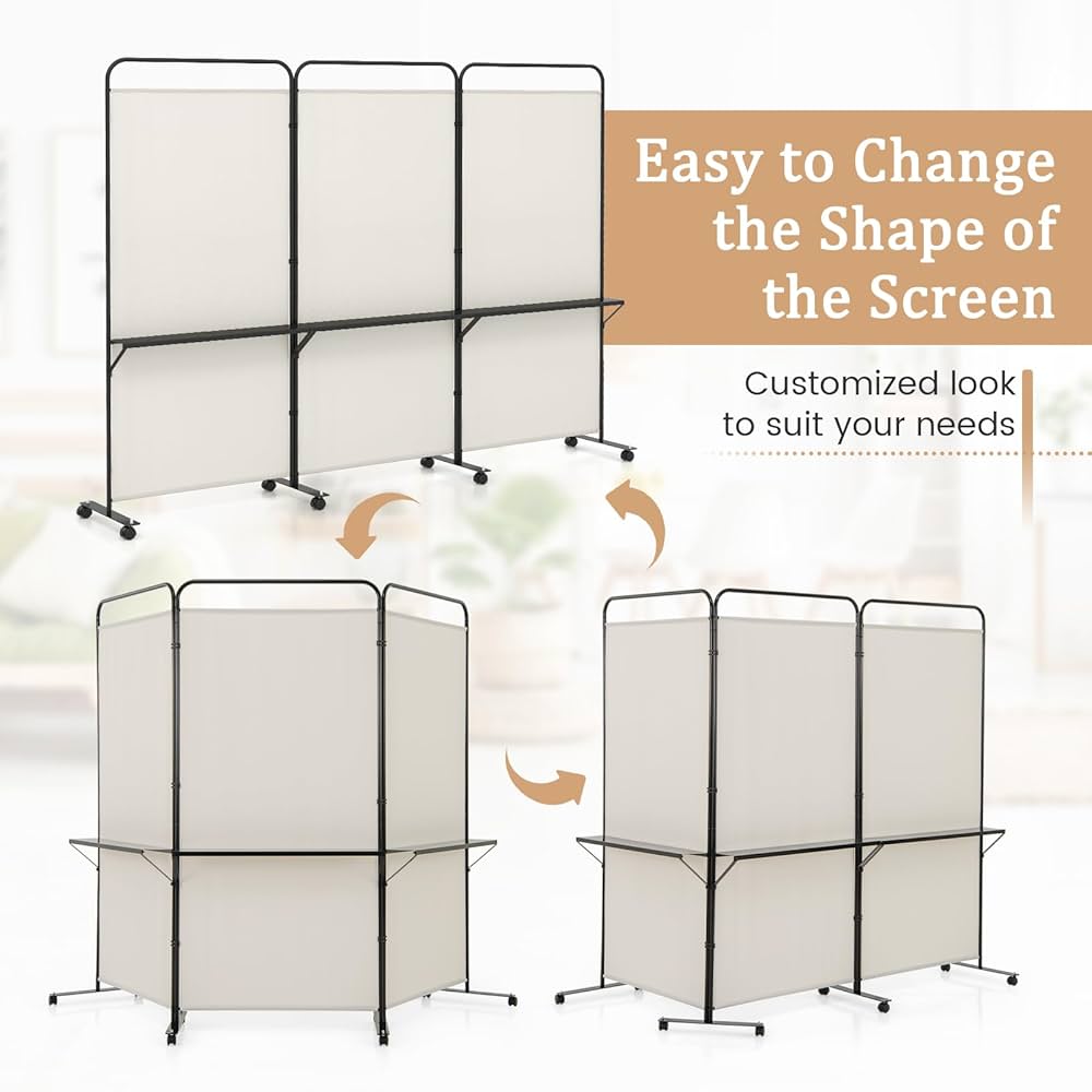 188cm Rolling 3-Panel Room Divider with 3 Shelves – 3 Colours
