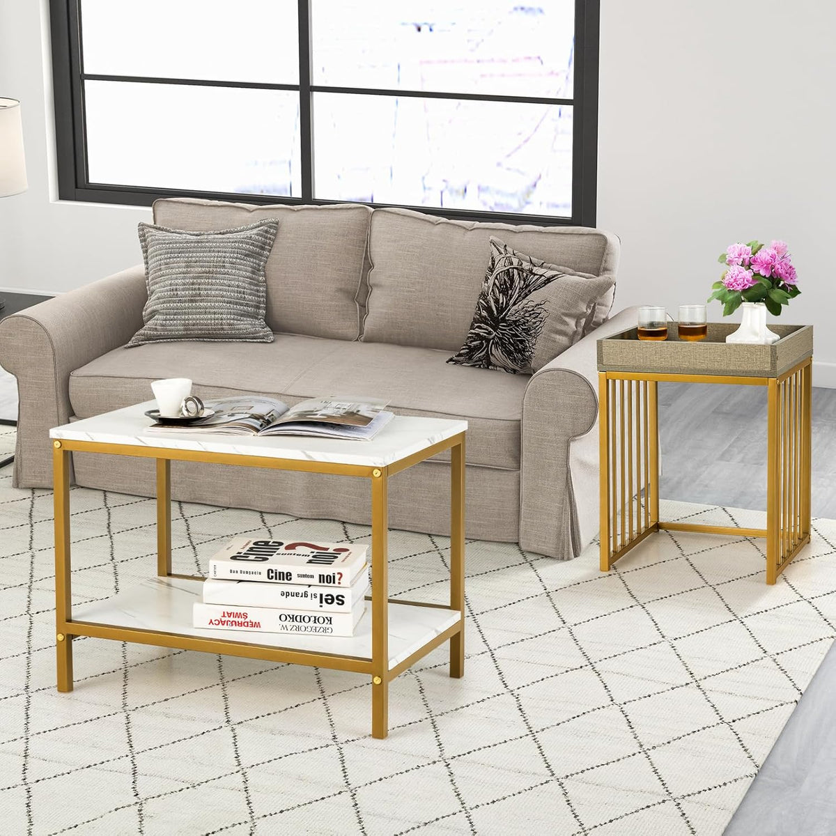 Faux-Marble Nesting Tables with Tray Top – Set of 2