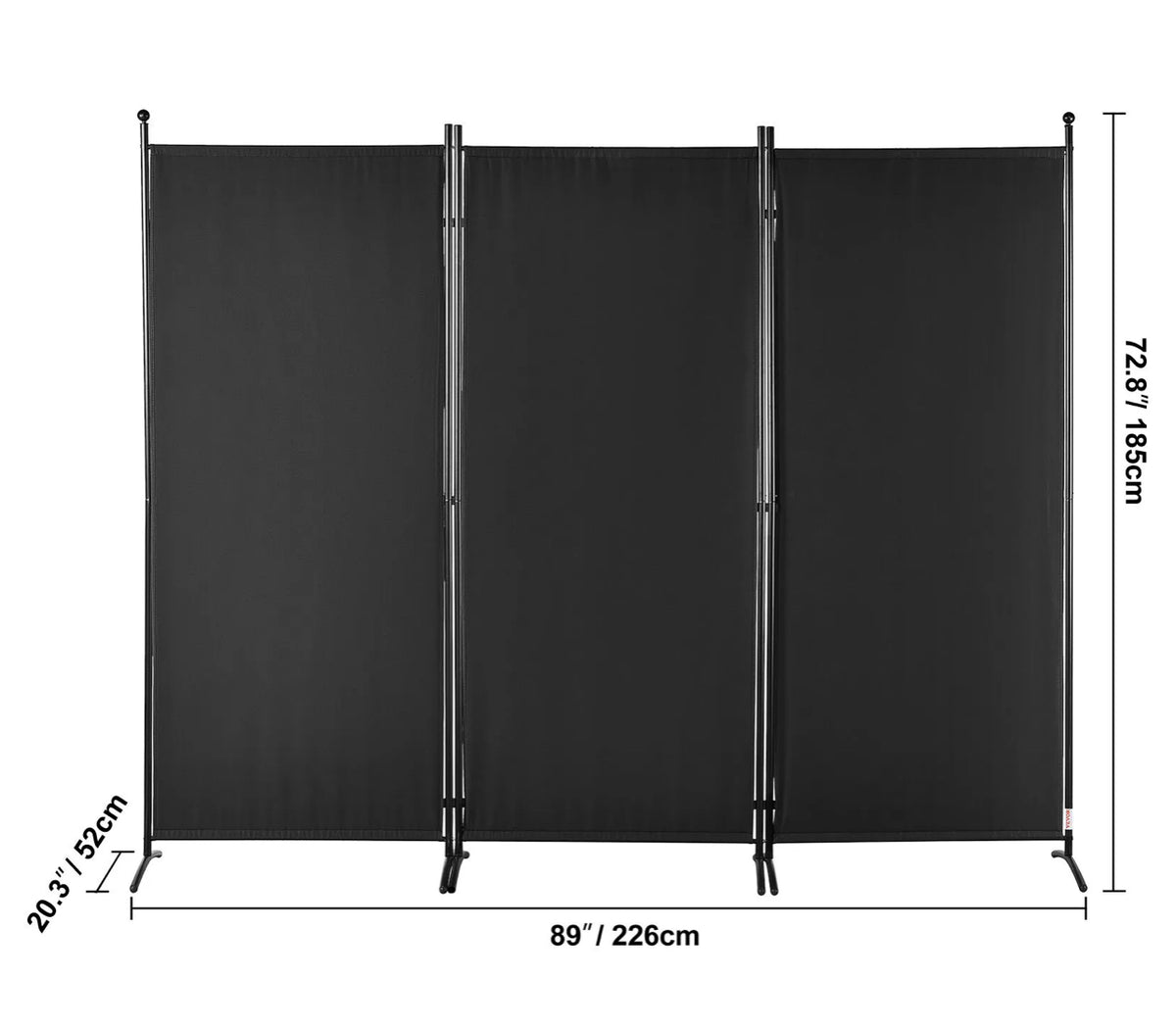 226 × 185 cm 3-Panel Black Fabric Room Divider