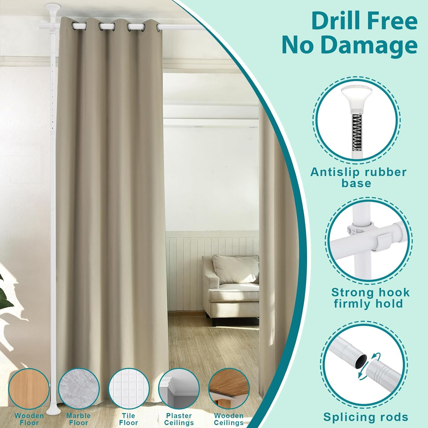 No-Drill Curtain Divider Frame – 71–178cm Wide, Up to 3m High