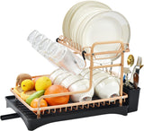 Aluminum Dish Drying Rack, Never Rust Dish Rack with Removable Cutlery Holder &Cup Holder, Unique 360° Swivel Spout Drain Board, Rose