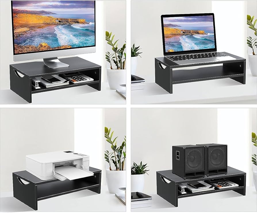 Black 2-Tier Wood Monitor Riser with Keyboard Storage