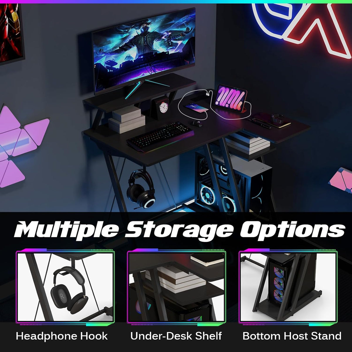 L-Shaped Gaming Desk with Outlets & USB Ports, Small Computer Desk with Monitor Shelf, Headphone Hook, Storage Shelf & Host Stand, Corner Gamer Desk with Carbon Fiber Texture