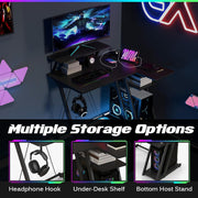 L-Shaped Gaming Desk with Outlets & USB Ports, Small Computer Desk with Monitor Shelf, Headphone Hook, Storage Shelf & Host Stand, Corner Gamer Desk with Carbon Fiber Texture