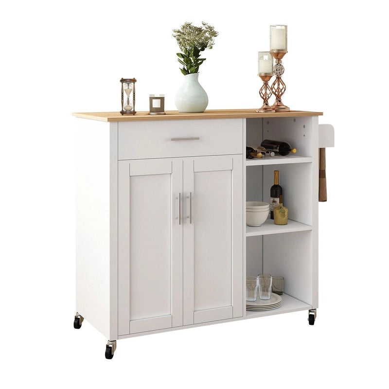 107 cm Rolling Kitchen Island with Wine Rack & Cabinet