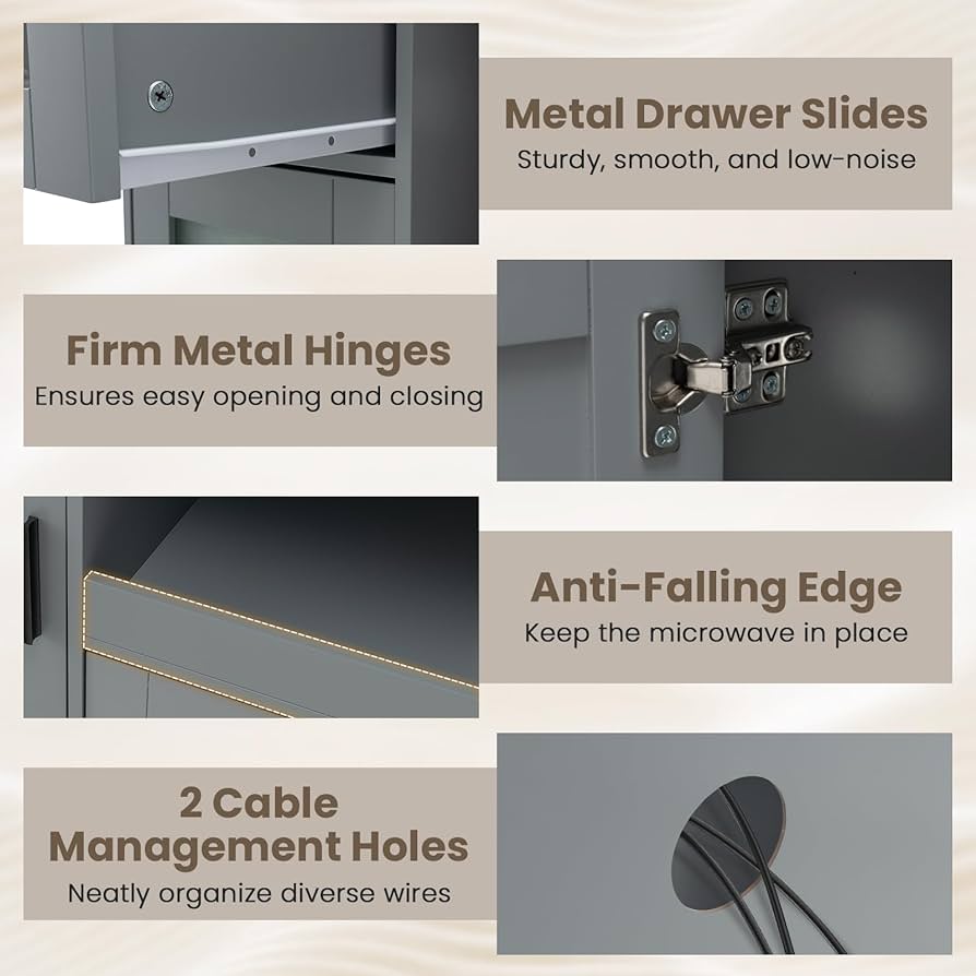 Grey Rolling Kitchen Island with Drawer & Glass-Door Cabinet