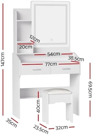 White LED-Strip Dressing Table with Mirror, 2 Drawers, Storage Shelves & Stool