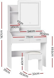 White LED-Strip Dressing Table with Mirror, 2 Drawers, Storage Shelves & Stool