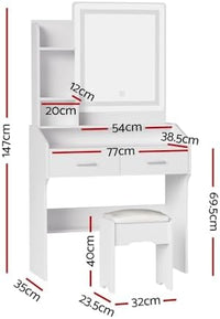 White LED-Strip Dressing Table with Mirror, 2 Drawers, Storage Shelves & Stool