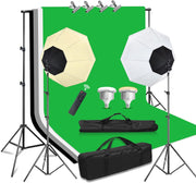 Softbox Lighting Kit Professional 2x85W Photography Video Studio Lighting Kit+Adjustable 2x2m Photography Backdrop Stand Kit with 4X 1.6x3m Backdrop Screen Background,4 Clamps and Carry Bag