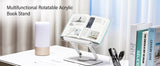 Book Stand for Reading, Adjustable Book Holder with 360° Swivel Base Foldable Stand Recipe Book Holder with Elastic Page Clips