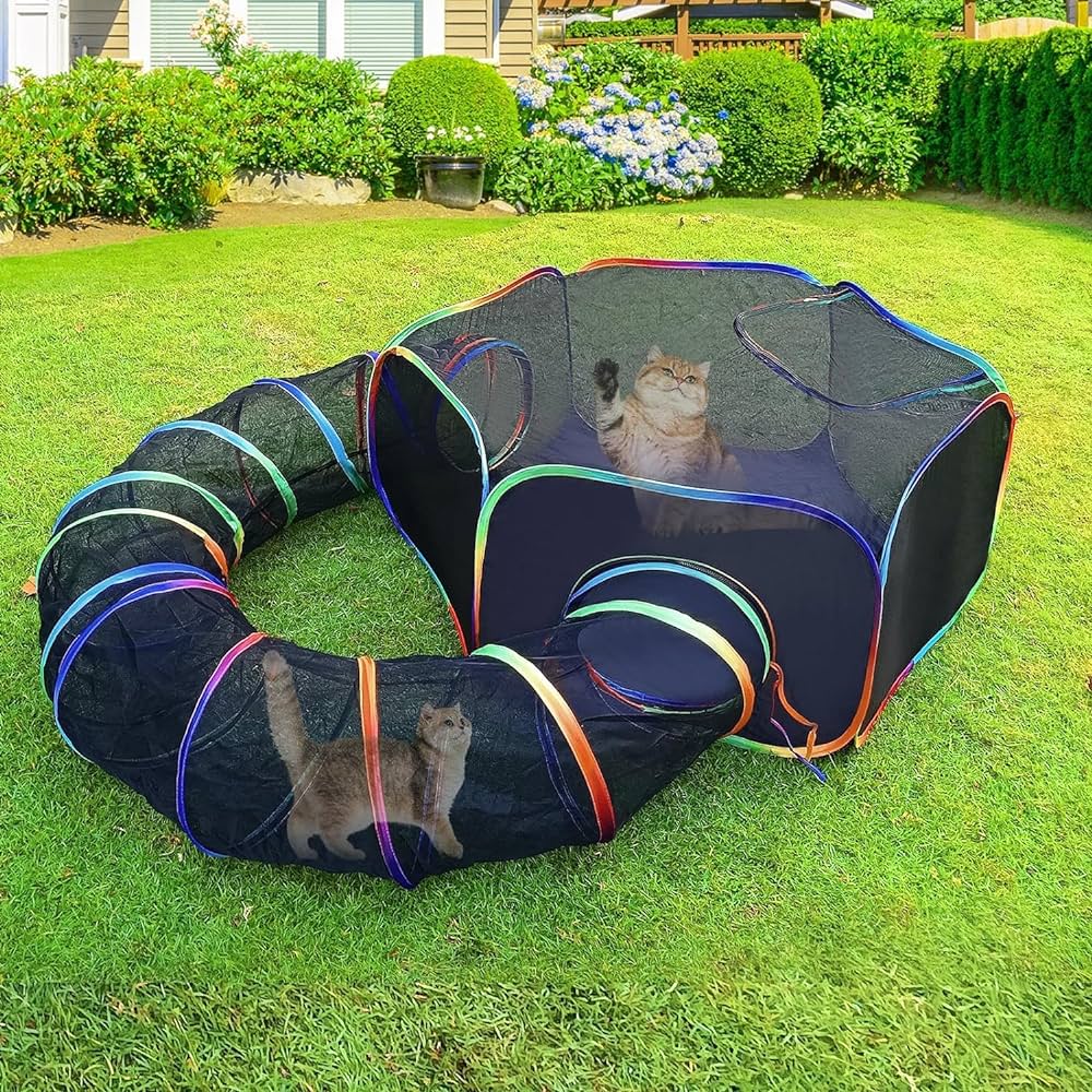 Pop-Open Mesh Cat Tent & Play Tunnel – Orange or Rainbow