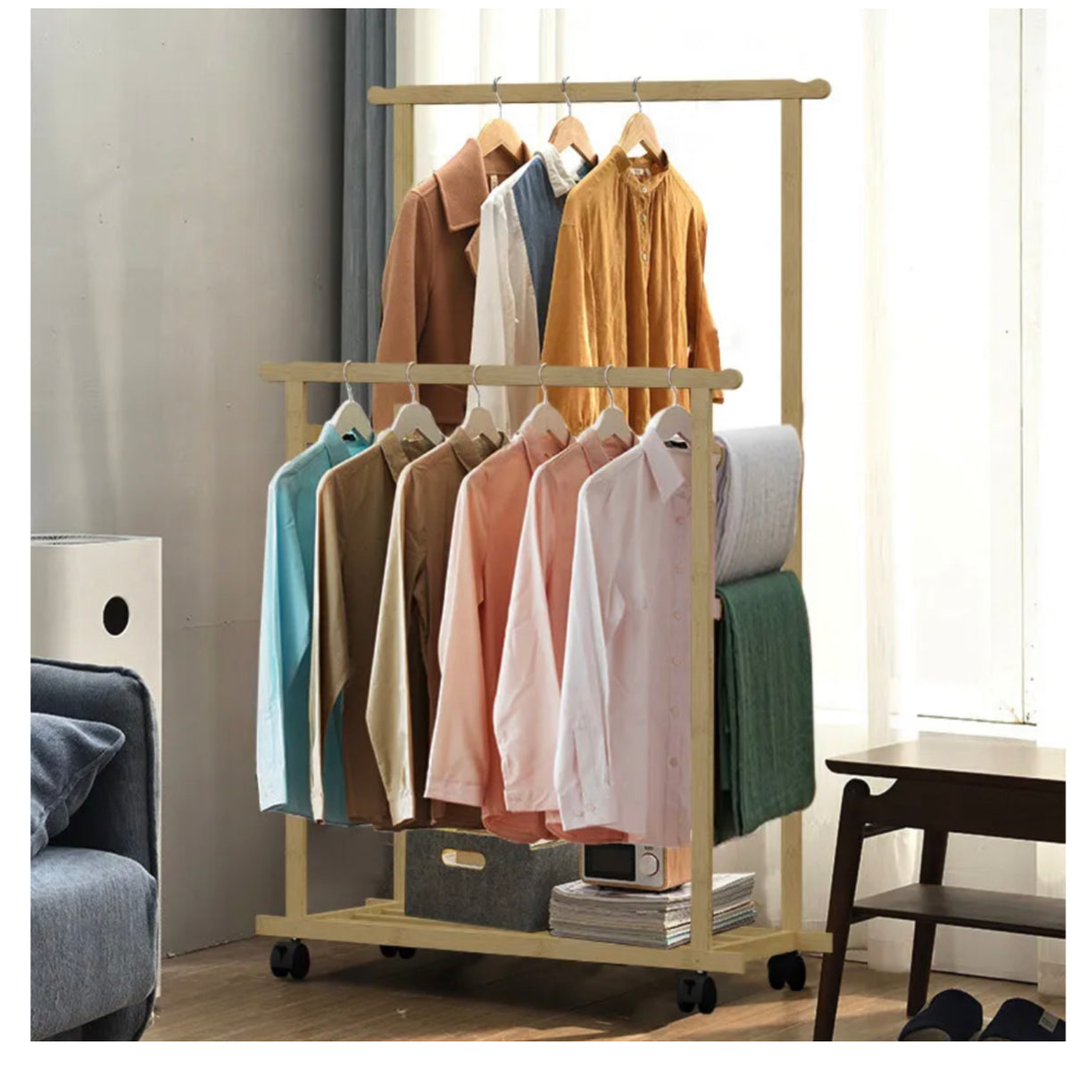 Rolling Double-Rail Bamboo Garment Rack with Lower Shelf