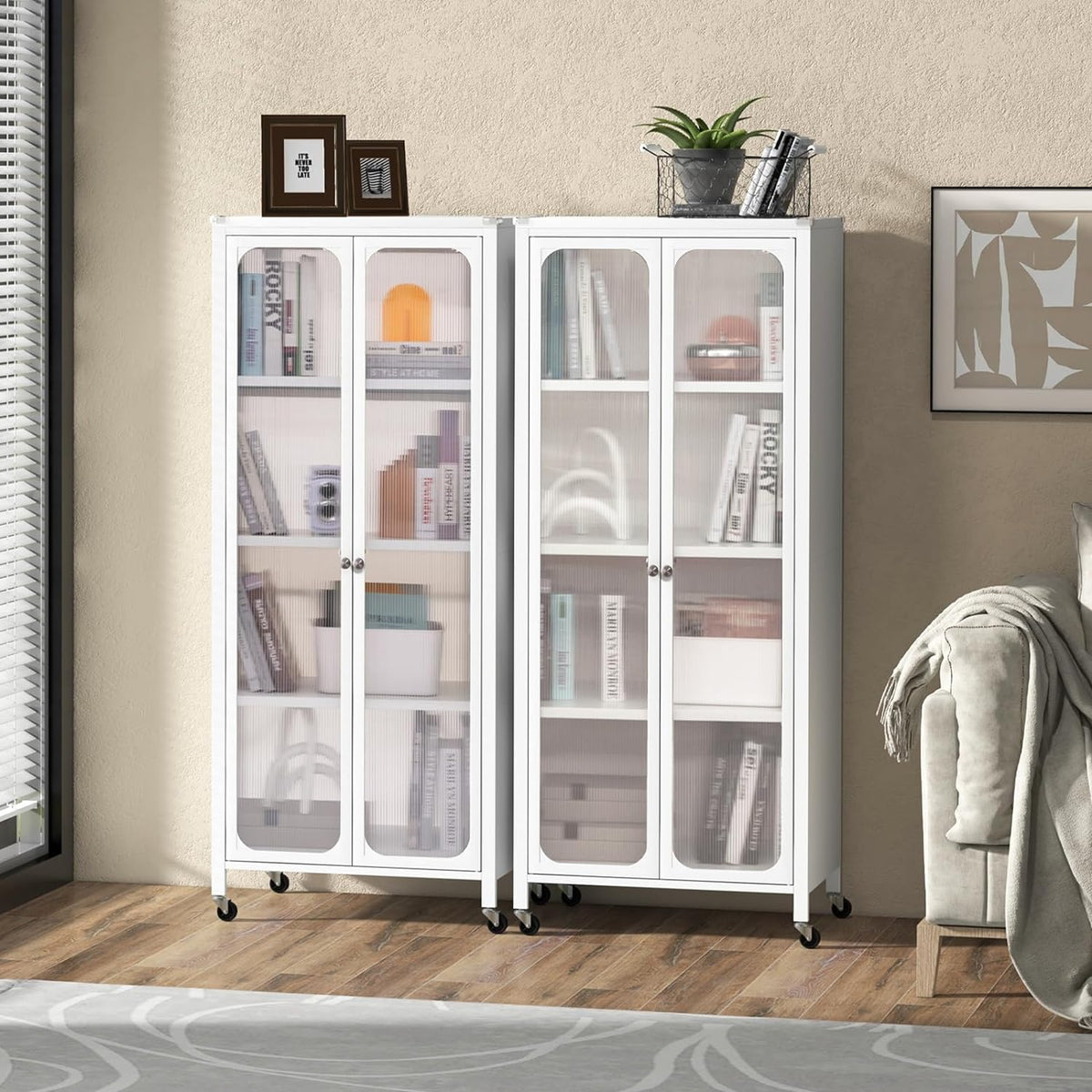 Mobile Metal Storage Cabinet with Glass Doors & 2 Adjustable Shelves
