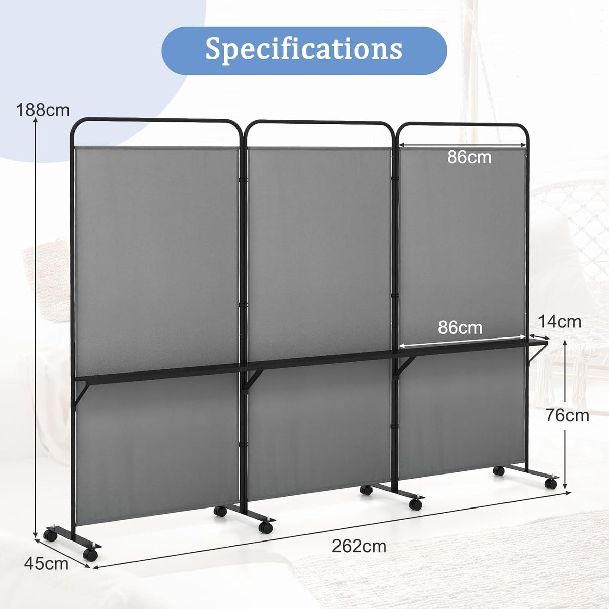 188cm Rolling 3-Panel Room Divider with 3 Shelves – 3 Colours