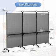 188cm Rolling 3-Panel Room Divider with 3 Shelves – 3 Colours