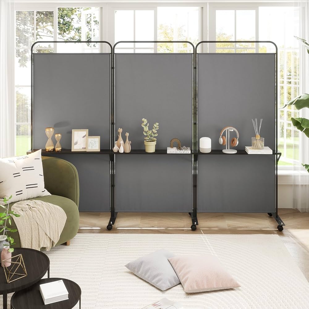 188cm Rolling 3-Panel Room Divider with 3 Shelves – 3 Colours