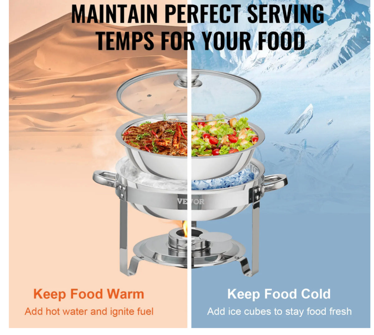 2-Pack Round Chafing Dish Set with Full-Size 4Qt Pan Glass Lid Fuel Holder