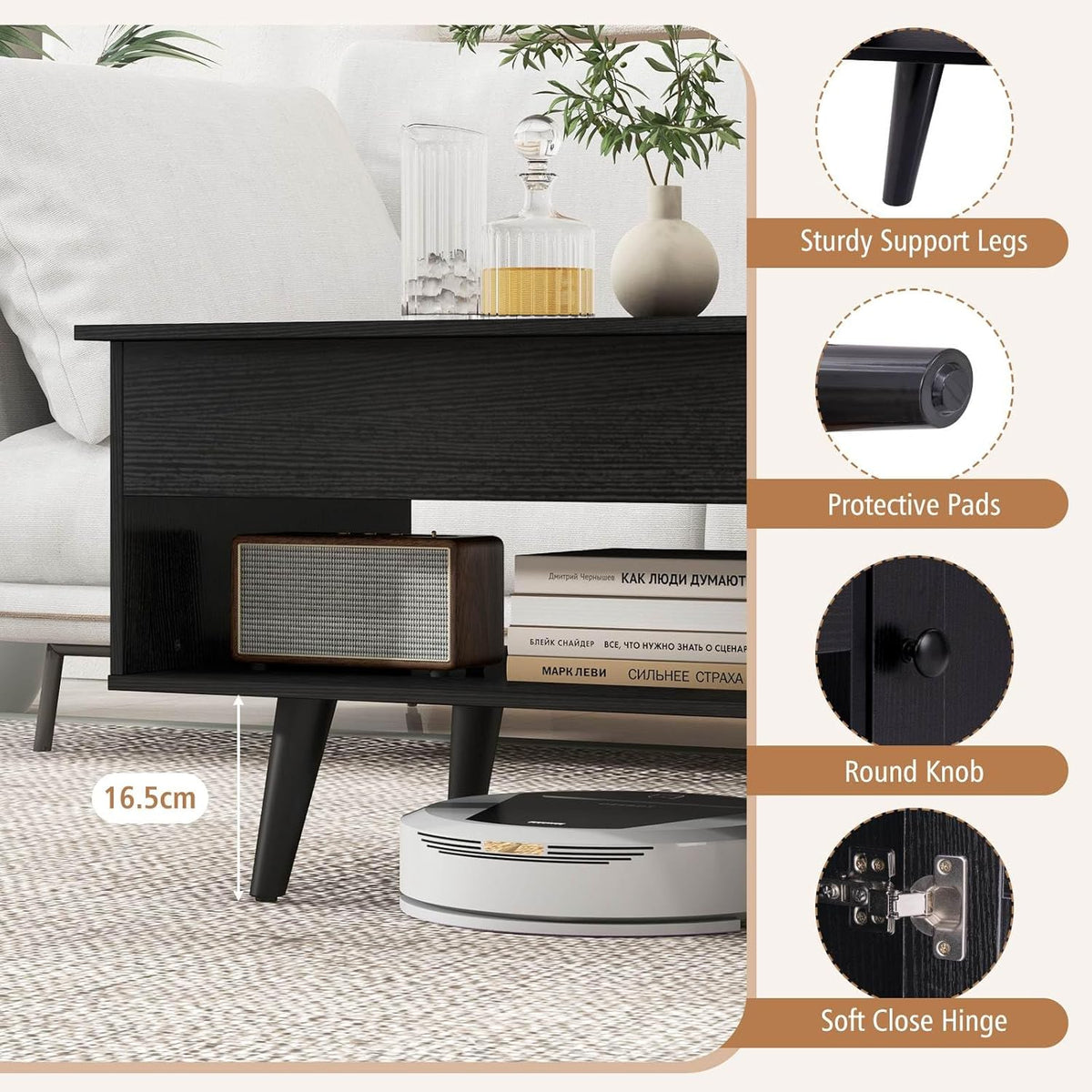 Lift-Top Coffee Table with Hidden Cabinet & Open Shelf