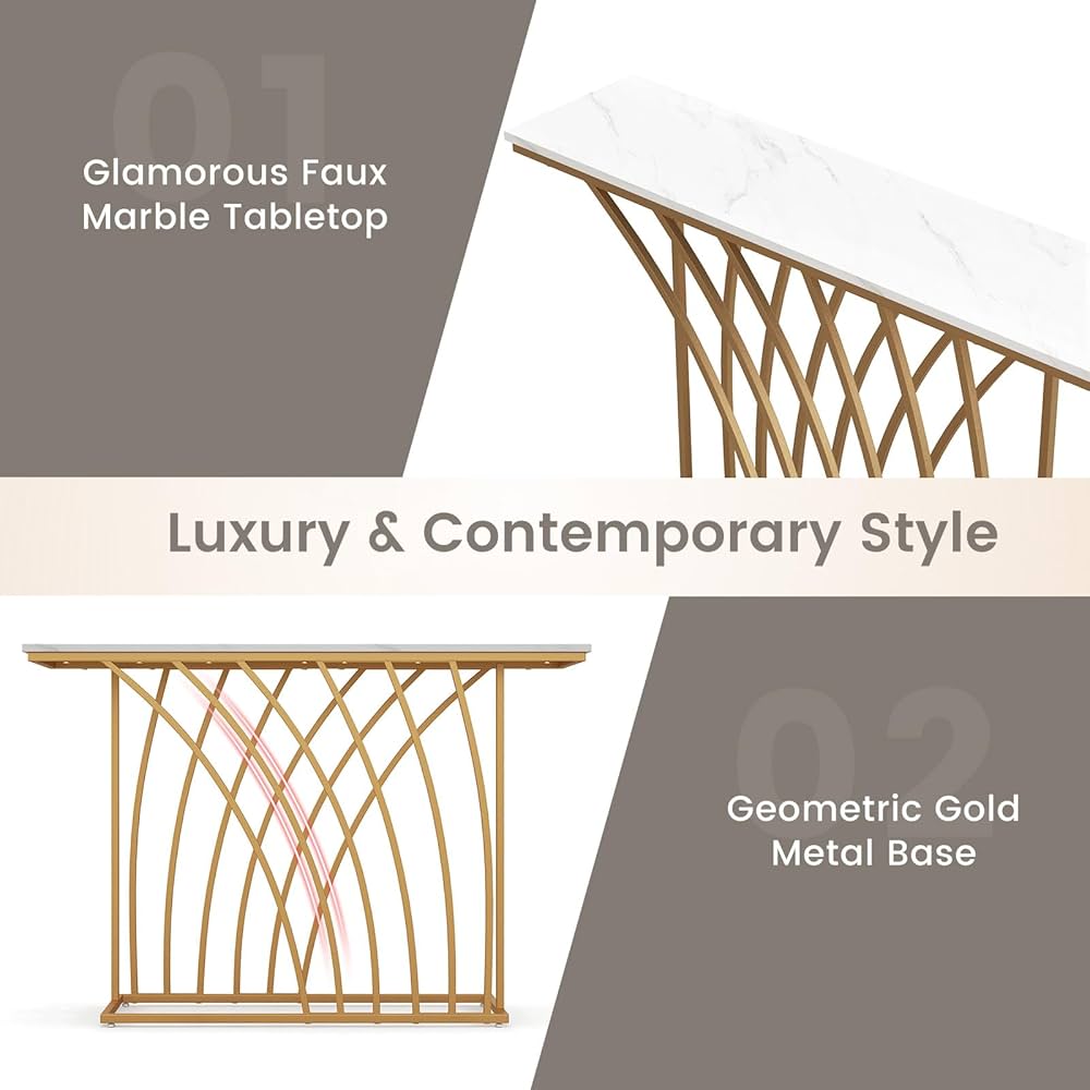 120 cm Gold & White Faux-Marble Console Table