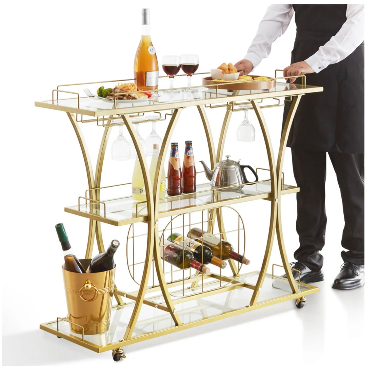 111 cm Gold 3-Tier Bar Cart with 9-Bottle Rack