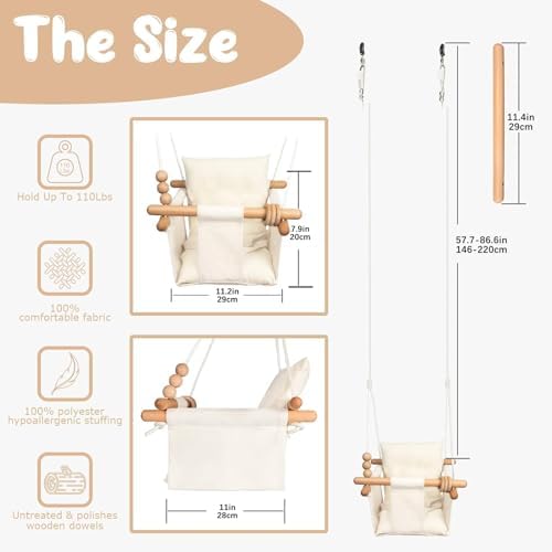 Canvas Baby Swing Seat with Safety Belt & Cushion – Indoor/Outdoor, White