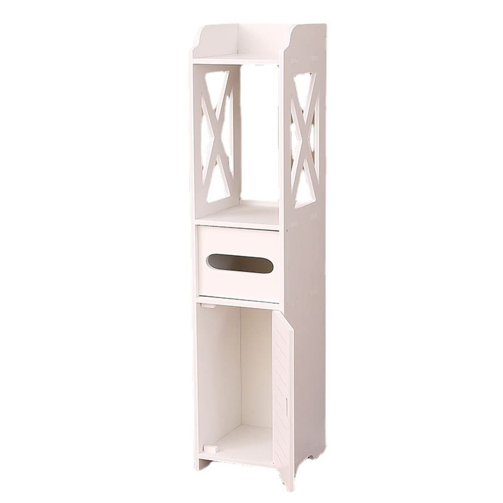 Small Bathroom Storage Corner Floor Cabinet with Doors and Shelves, Thin Toilet Vanity Cabinet, Narrow Bath Sink Organizer, Towel Storage Shelf for Paper Holder, (White)