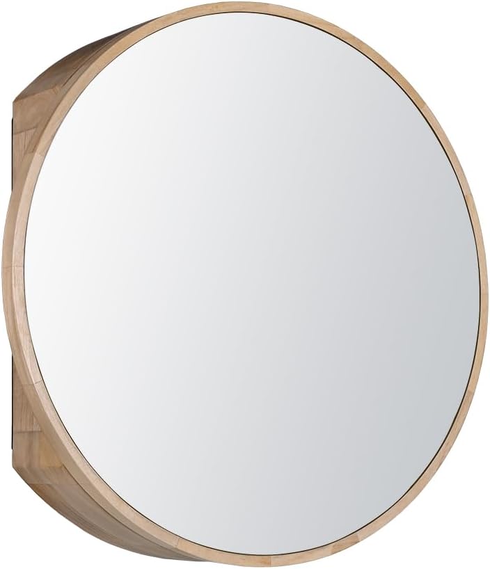 600mm Round Oak-Look Bathroom Mirror Cabinet with 3 Shelves