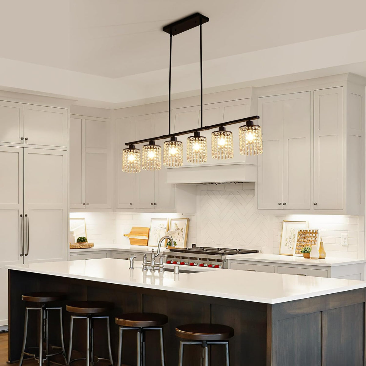 6-Light Farmhouse Kitchen Island Lighting, 48in Crystal Pendant Light Fixture, Vintage Black Linear Chandelier with Crystal Shade for Dining Room Living Room (E27 Bulbs, Not Included)