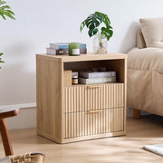 Fluted 2-Drawer Bedside Table with Open Shelf – Natural Oak