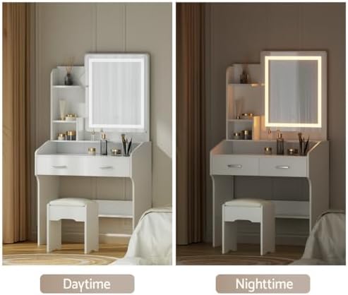 White LED-Strip Dressing Table with Mirror, 2 Drawers, Storage Shelves & Stool