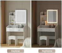 White LED-Strip Dressing Table with Mirror, 2 Drawers, Storage Shelves & Stool