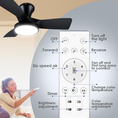 Ceiling Fans with Lights Remote, 32 Inch Low Profile Ceiling Fan with 3 Colors and 6 Speeds Options, 3 Blades Fans Lamp for Ktichen Bedroom Dinning Room Patio(White)