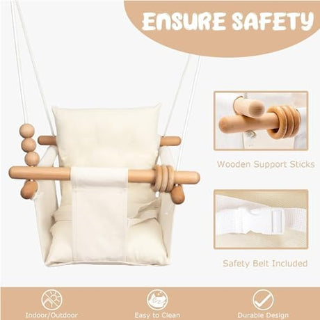 Canvas Baby Swing Seat with Safety Belt & Cushion – Indoor/Outdoor, White