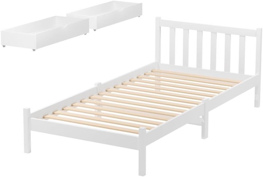 Artiss Bed Frame Single Size with 2 Storage Drawer, White Platform Bed Base with Headboard, Solid Pine Wooden Single bedframe, 180kg Capacity Timber Platform Bed Frame for Guest Room, Easy Assemble