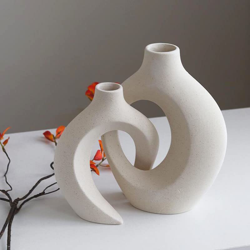 2-Piece White Ceramic Donut Vase Set