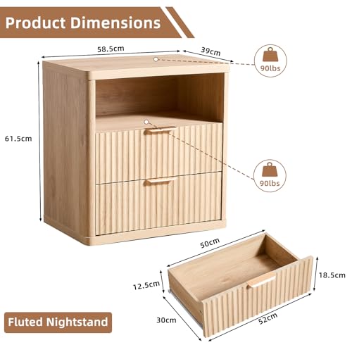 Fluted 2-Drawer Bedside Table with Open Shelf – Natural Oak