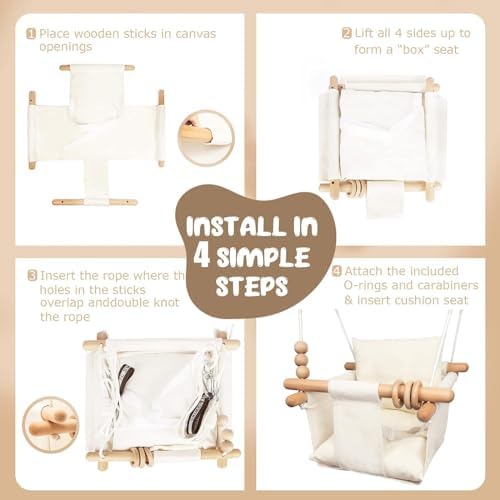 Canvas Baby Swing Seat with Safety Belt & Cushion – Indoor/Outdoor, White