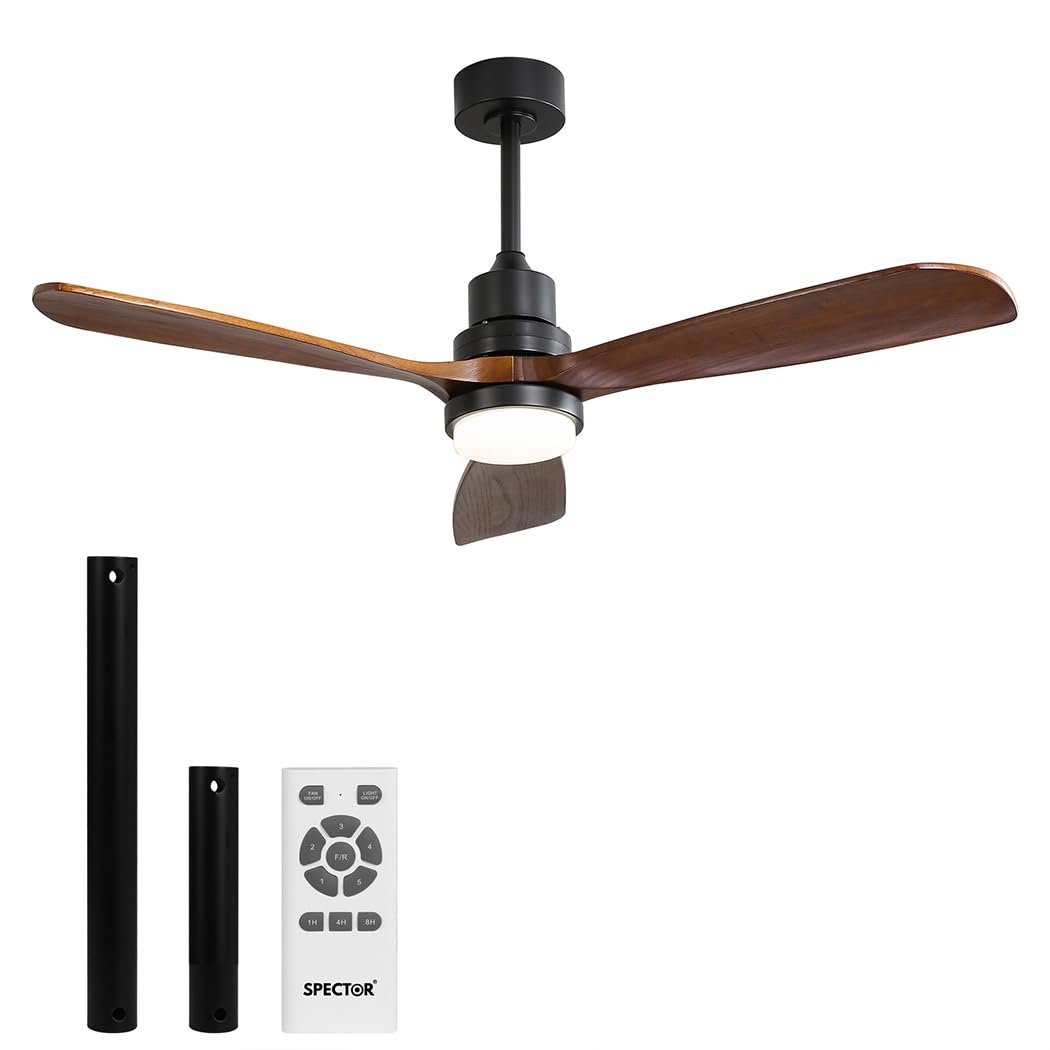 52'' Wood Ceiling Fan DC Motor with LED Light Remote Control 5 Speed 3 Natural Walnut Blades 12.5cm/25cm Down Rod 3 Lighting Color White