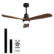 52'' Wood Ceiling Fan DC Motor with LED Light Remote Control 5 Speed 3 Natural Walnut Blades 12.5cm/25cm Down Rod 3 Lighting Color White