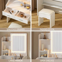 White LED-Strip Dressing Table with Mirror, 2 Drawers, Storage Shelves & Stool