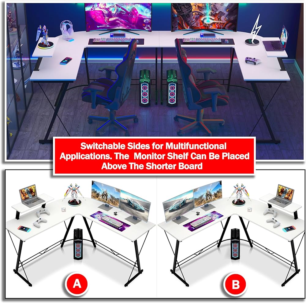 L-Shaped Corner Gaming Desk with Large Monitor Riser